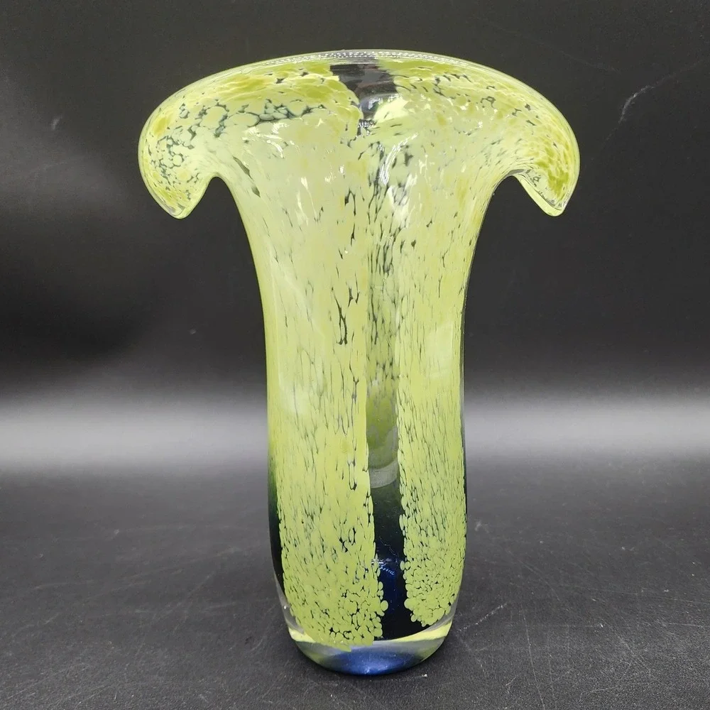 Vintage Yellow Blue Art Glass Tulip Vase Hand Blown MCM Retro Decor Gift